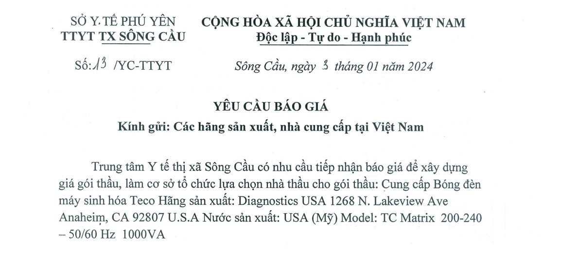 YCBG gói thầu:Cung cấp Bóng đèn máy sinh hóa Teco ...